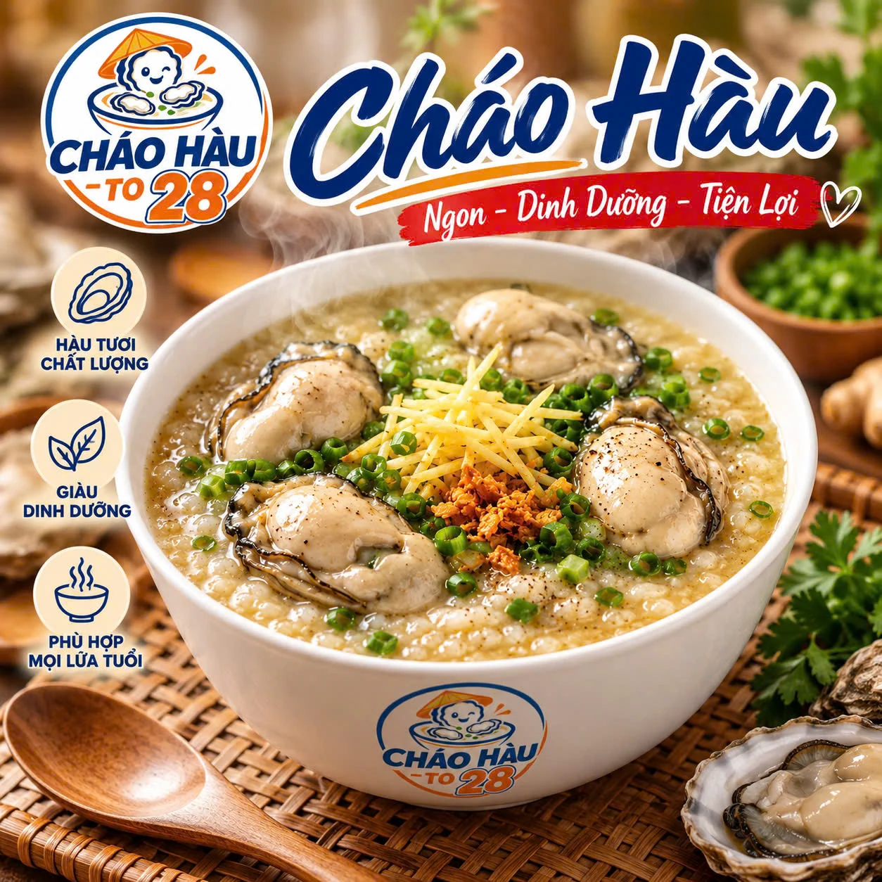 Ảnh thương hiệu Cháo Hàu To 28 và tô cháo hàu do người dùng cung cấp
